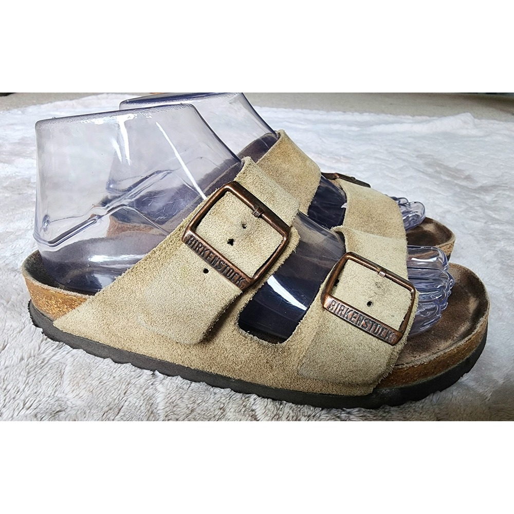 Birkenstock Arizona Taupe Suede Two Strap Buckle Sandals Womens Size 37